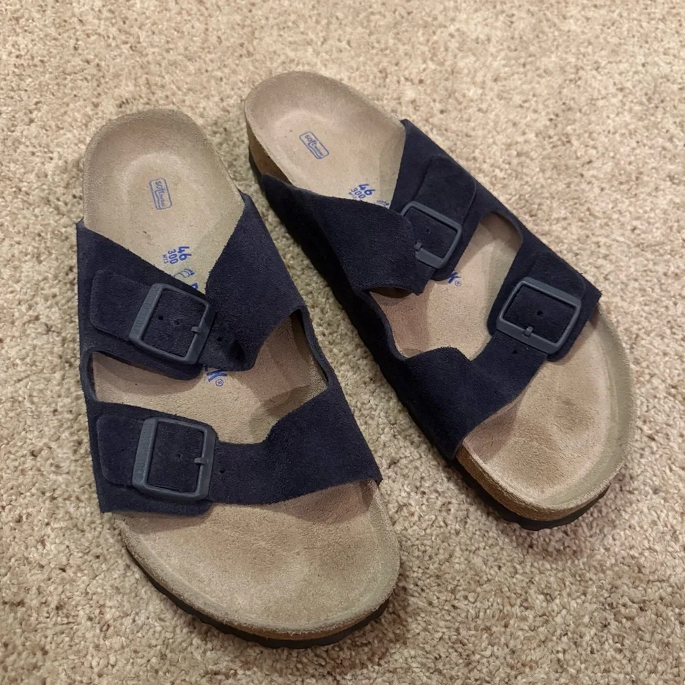 Birkenstock Men’s Arizona Soft Footbed Blue Suede Leather Slide Sandals Size 46